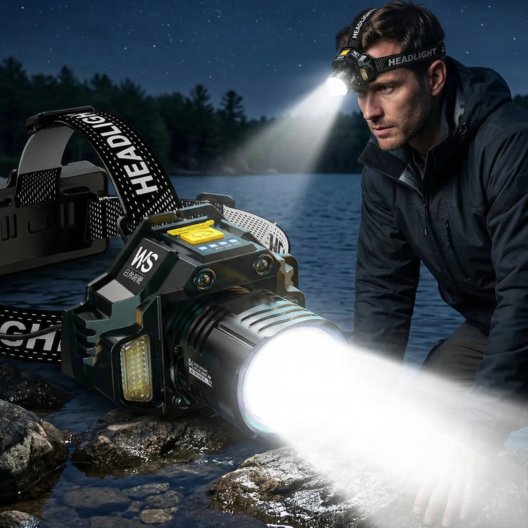 Unisex rechargeable COB LED headlamp for hands-free outdoor activities like camping, hiking & night running.
