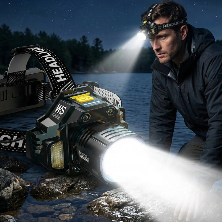 Unisex rechargeable COB LED headlamp for hands-free outdoor activities like camping, hiking & night running.