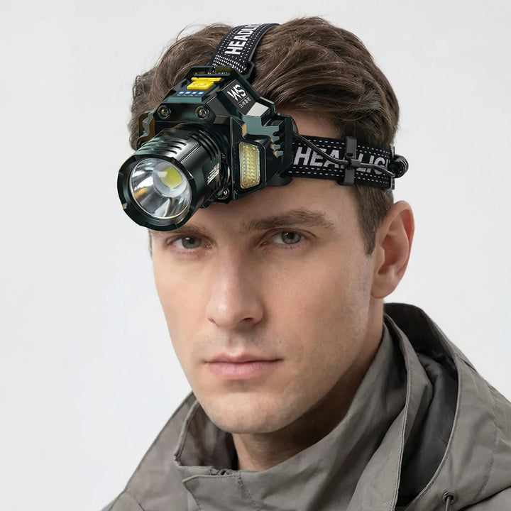 Motion sensor COB LED headlamp, rechargeable for fishing, hiking, and hands-free portable illumination.