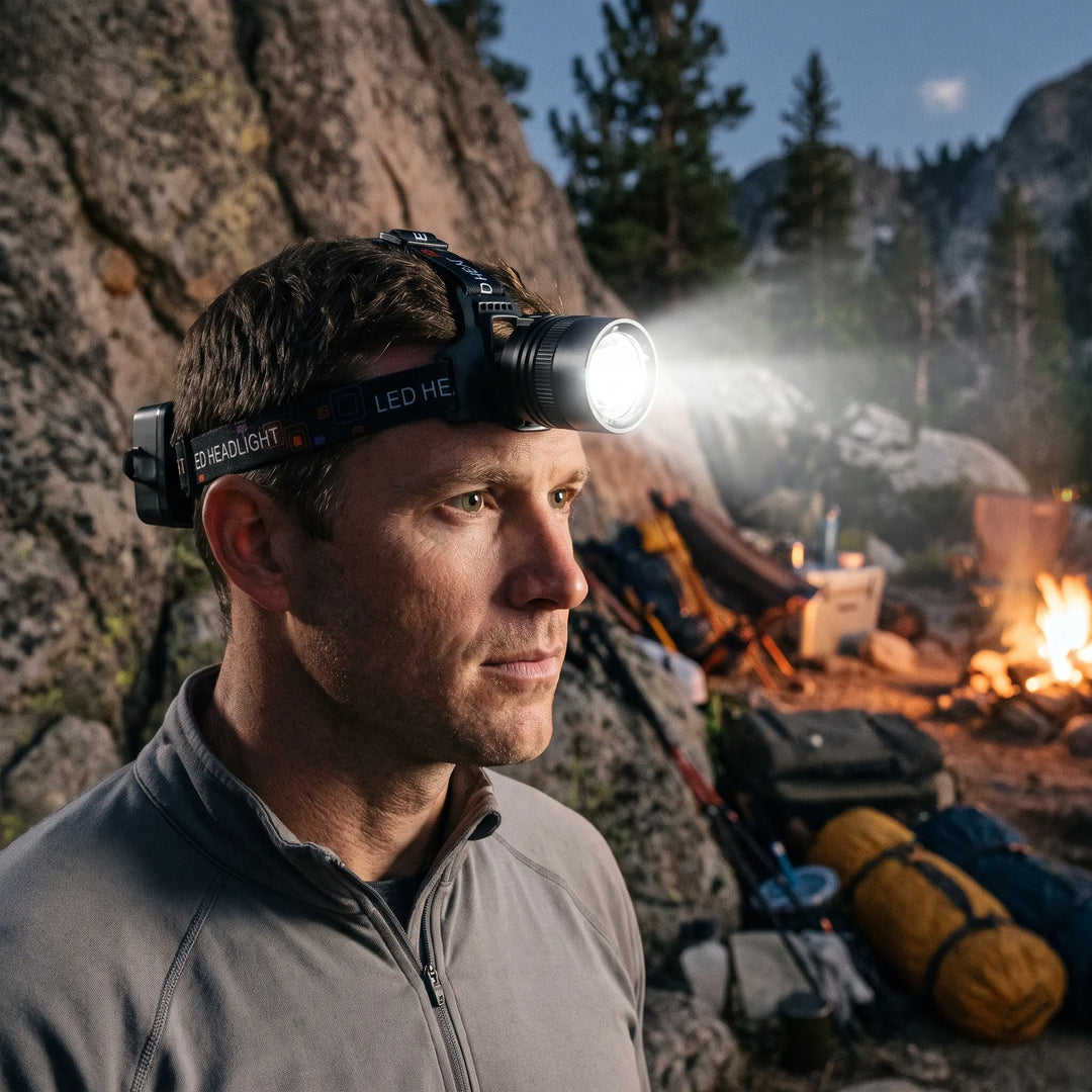 Unisex rechargeable LED headlamp for camping, hiking & outdoor activities. Bright, hands-free illumination.