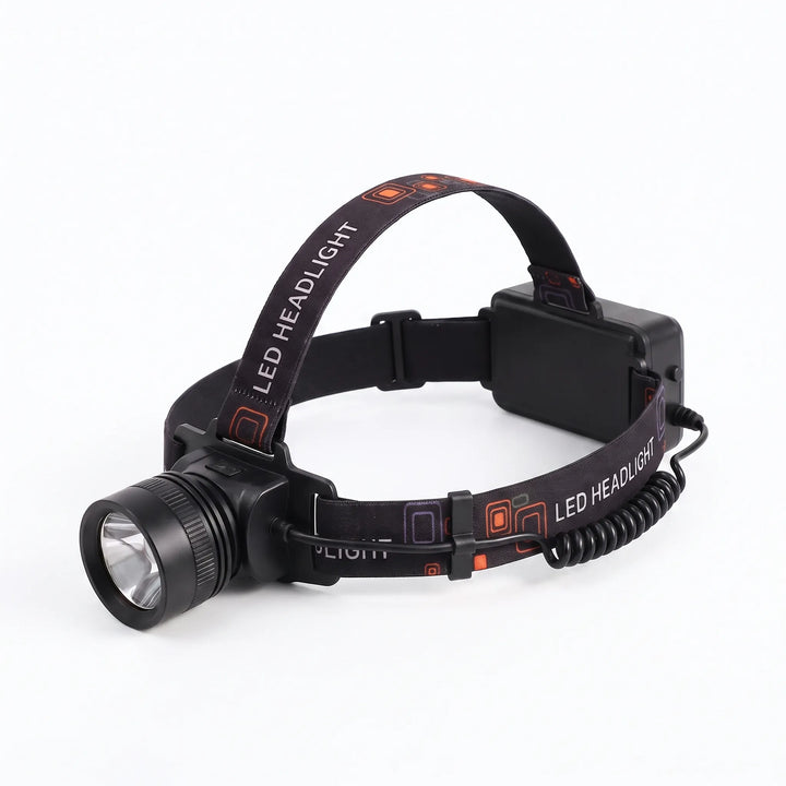 Unisex LED headlamp, rechargeable, perfect for camping, hiking & hands-free outdoor exploration at night.