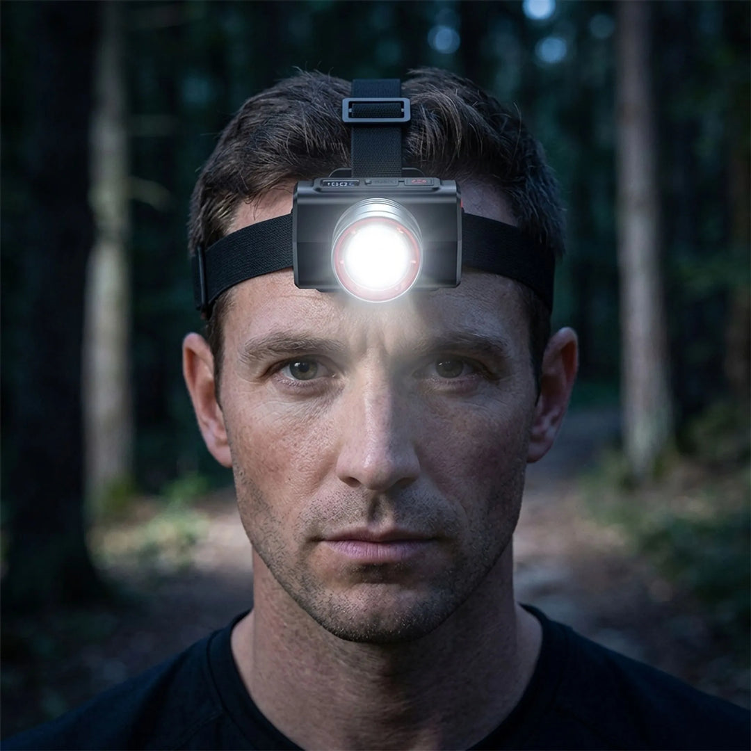 Unisex rechargeable LED headlamp for outdoor adventures, camping, and hiking. Hands-free bright light.
