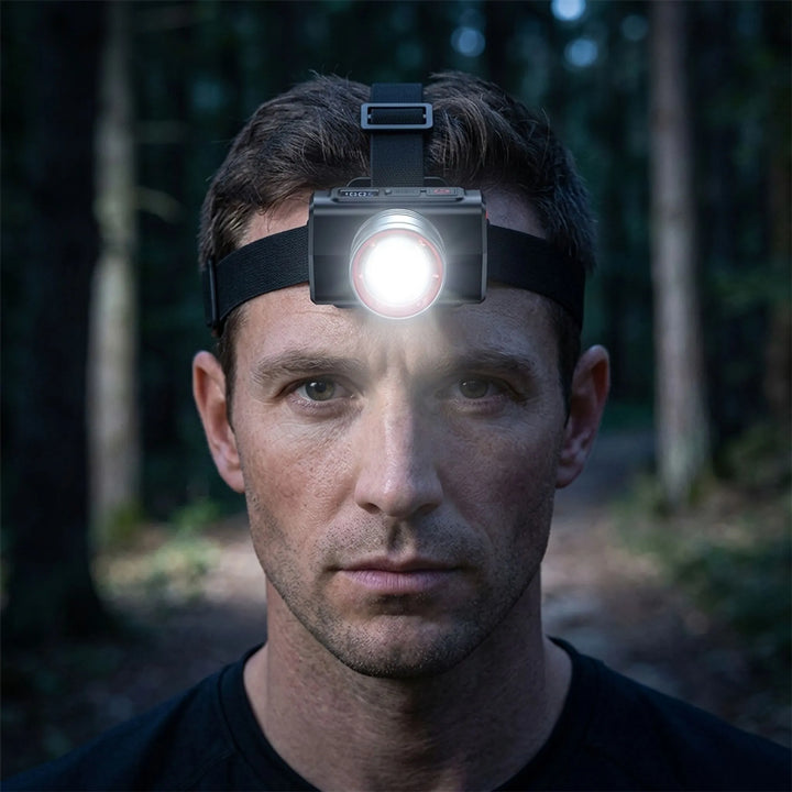Unisex rechargeable LED headlamp for outdoor adventures, camping, and hiking. Hands-free bright light.