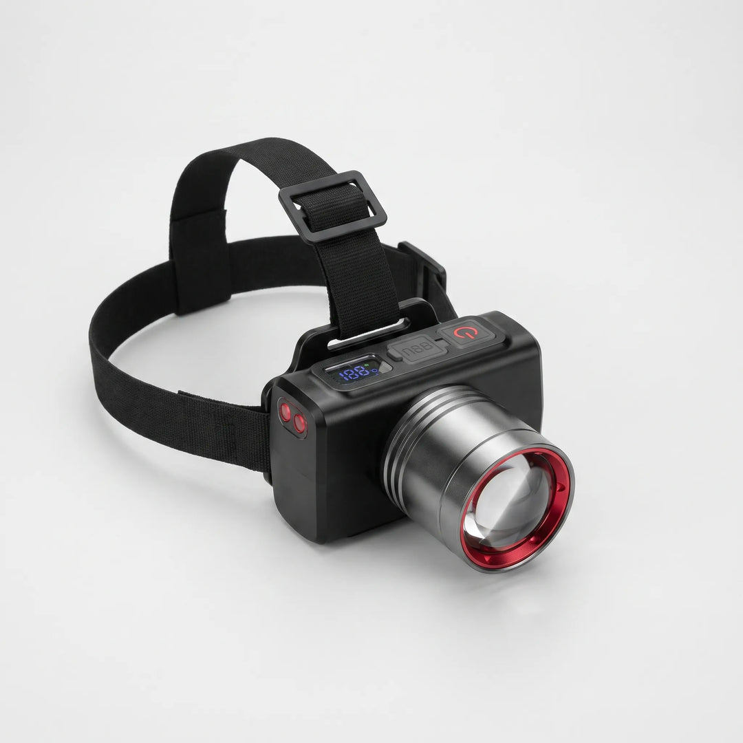 Rechargeable LED headlamp illuminating a campsite at night. Perfect for hands-free camping and hiking adventures.
