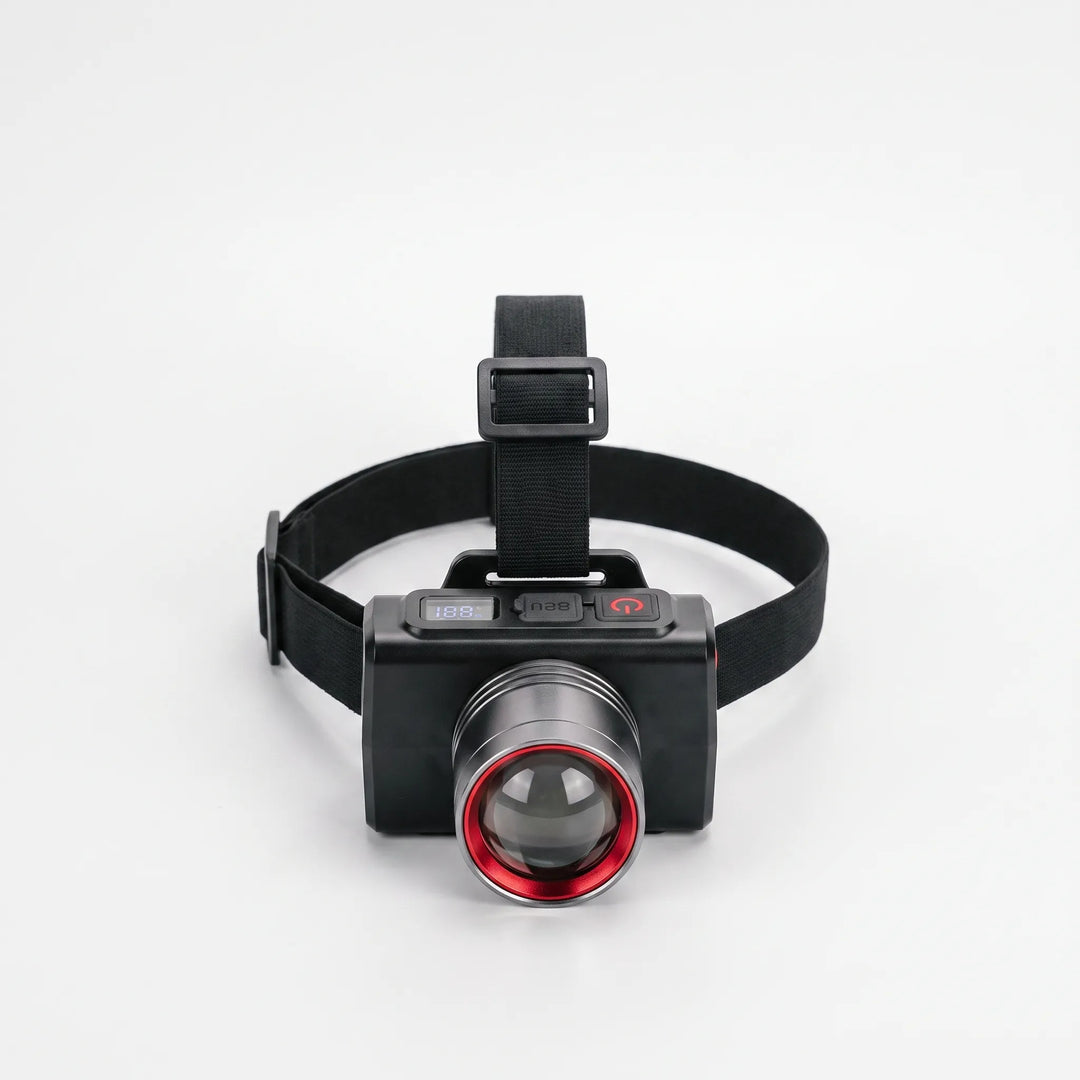 Comfortable unisex rechargeable LED headlamp with adjustable strap. Essential outdoor gear for hiking and adventures.