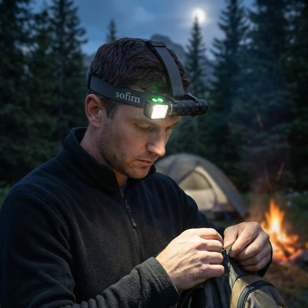 Unisex rechargeable LED headlamp with magnetic base for hands-free outdoor camping, hiking & work.
