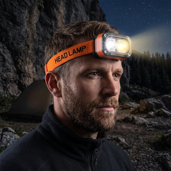 Unisex rechargeable LED headlamp with motion sensor, ideal for hands-free outdoor activities & work.