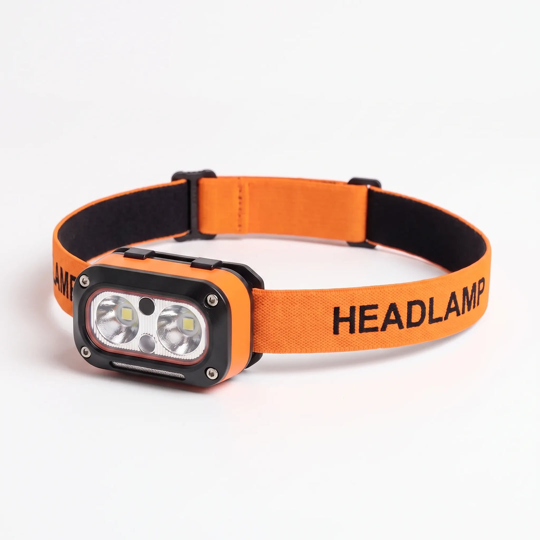 Portable rechargeable headlamp for camping & hiking, featuring motion sensor and bright LED light.