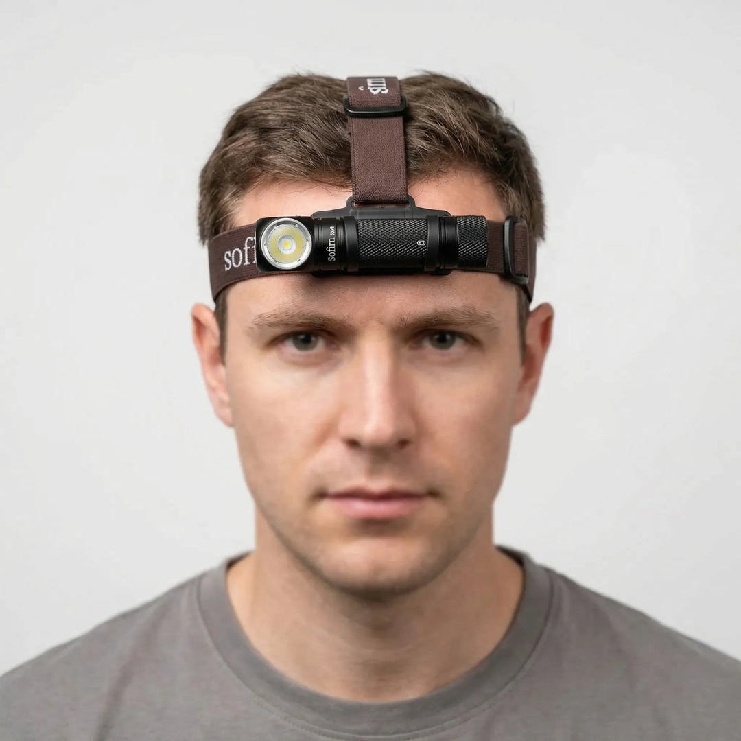 Portable USB-C rechargeable LED headlamp with magnetic base for hands-free lighting during outdoor adventures or work.