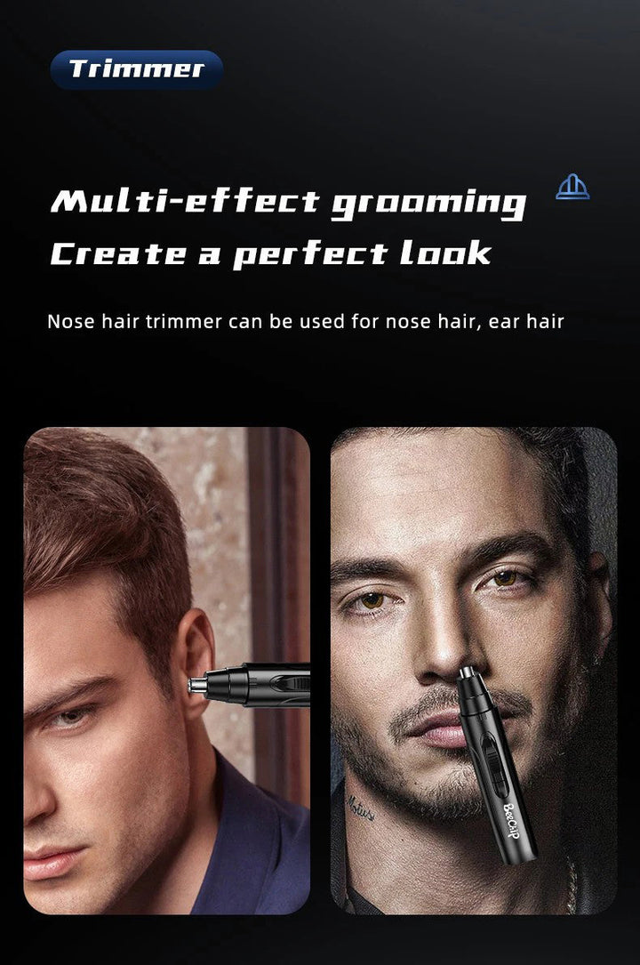 Durable metallic unisex rechargeable nose & ear hair trimmer, built for painless, long-lasting grooming performance.