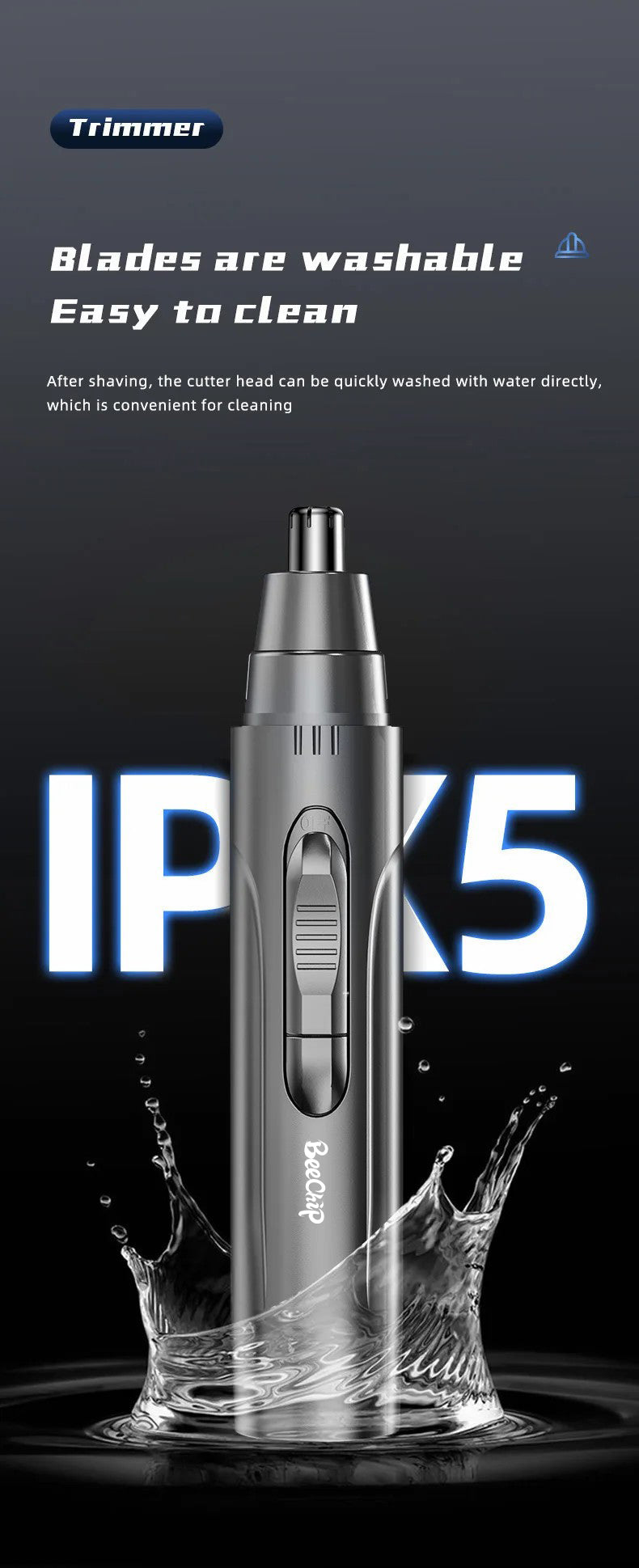 Hand holding a silver unisex rechargeable nose & ear hair trimmer, ready for painless, precise grooming.