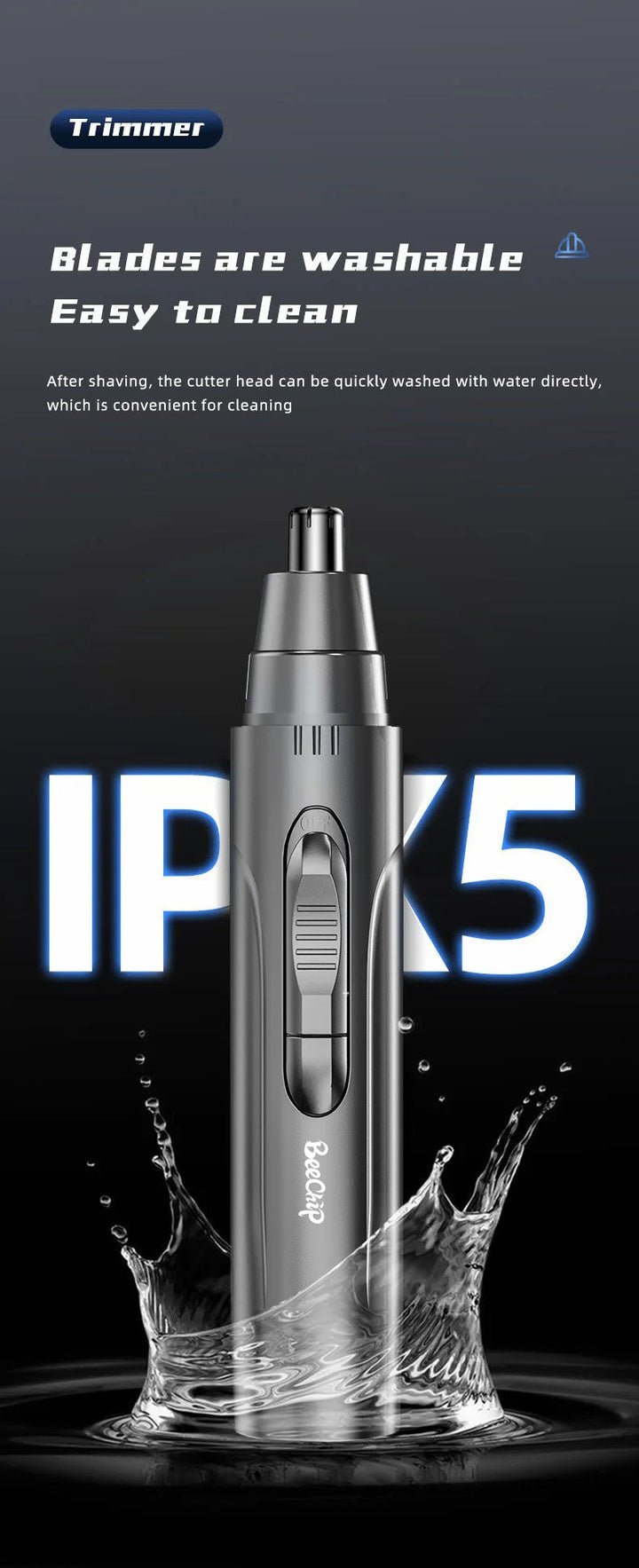 Hand holding a silver unisex rechargeable nose & ear hair trimmer, ready for painless, precise grooming.