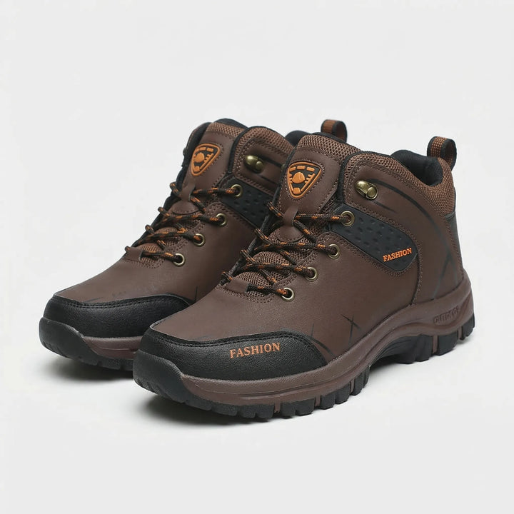 Front view of stylish retro ankle hiking boots for men and women, built for all-terrain comfort.