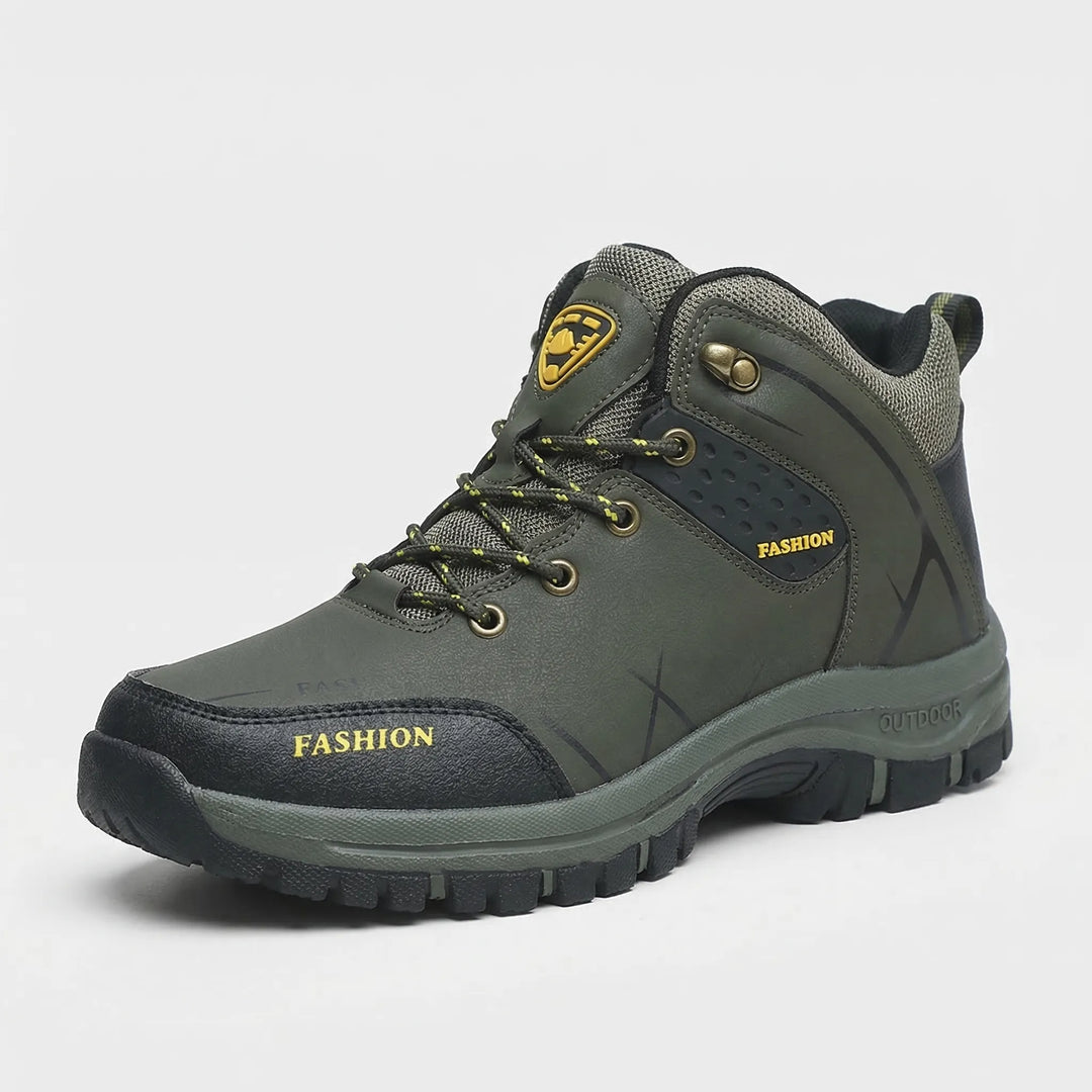 Close-up of durable retro unisex ankle hiking boots, water-resistant material for all-terrain comfort.