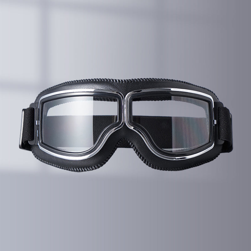 Unisex retro motorcycle goggles with clear lenses for classic eye protection & riding.