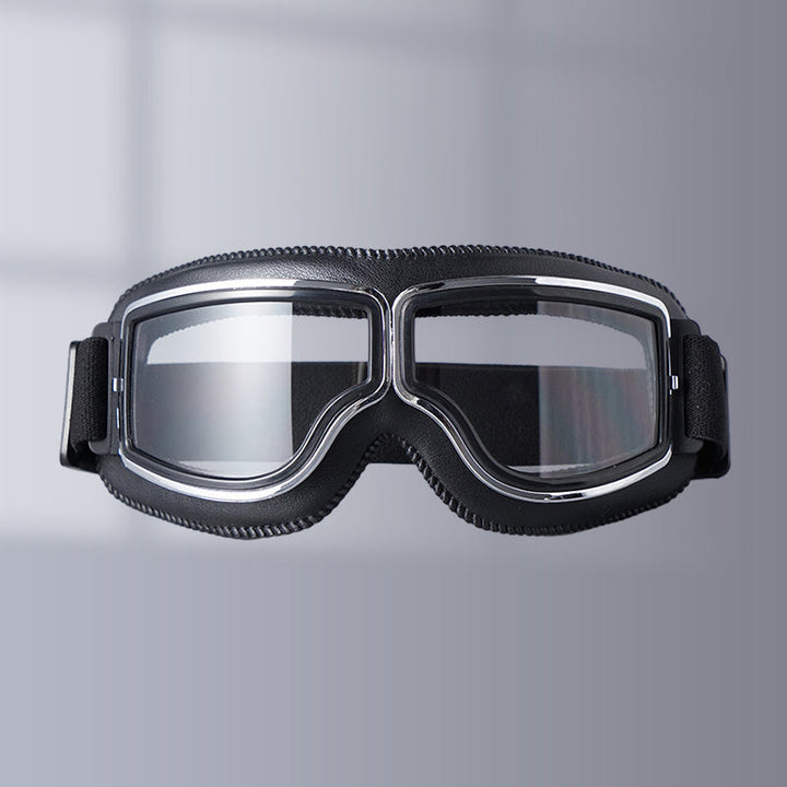 Unisex retro motorcycle goggles with clear lenses for classic eye protection & riding.