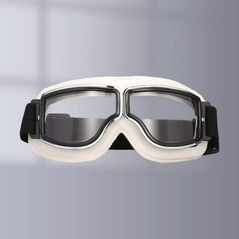Retro unisex goggles for motorcycles, clear scratch-resistant lenses for all-weather riding.