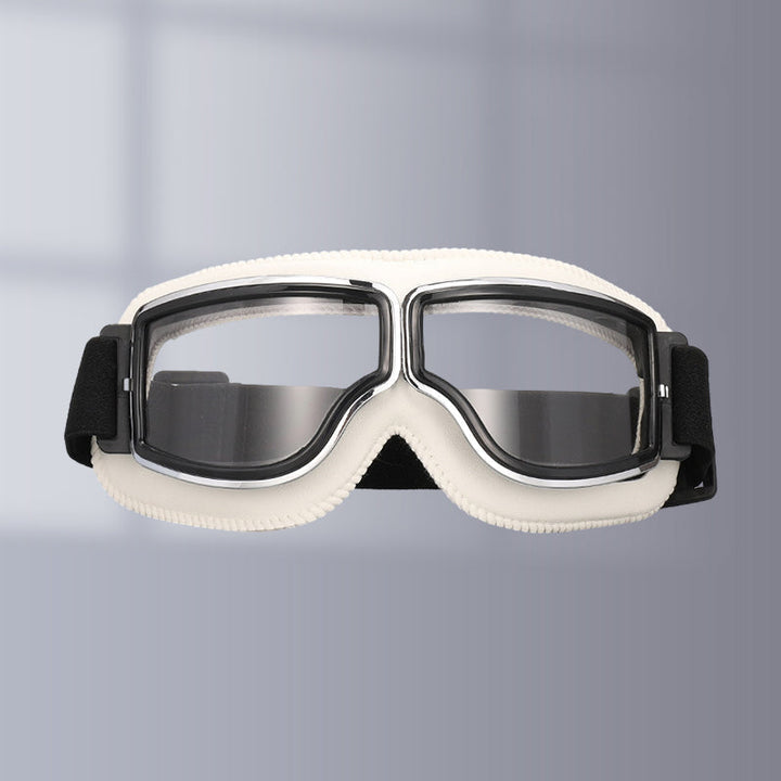 Retro unisex goggles for motorcycles, clear scratch-resistant lenses for all-weather riding.