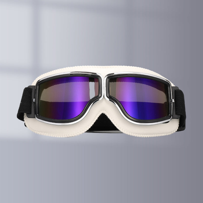 Chrome retro motorcycle goggles, dark lenses for glare reduction, perfect for classic riders.