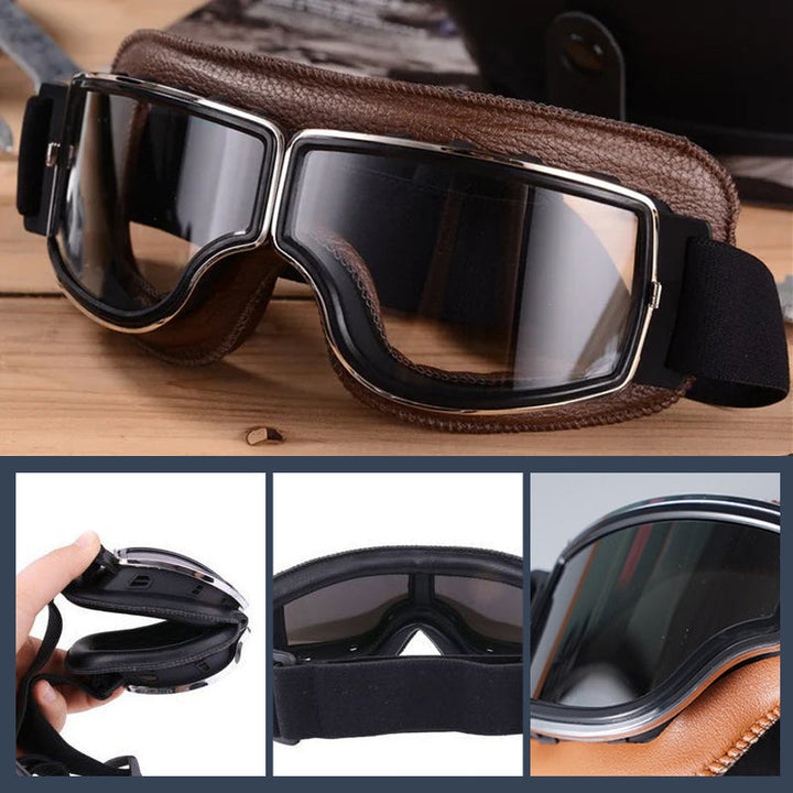 Classic motorcycle riding goggles with adjustable strap and durable frame for eye safety.