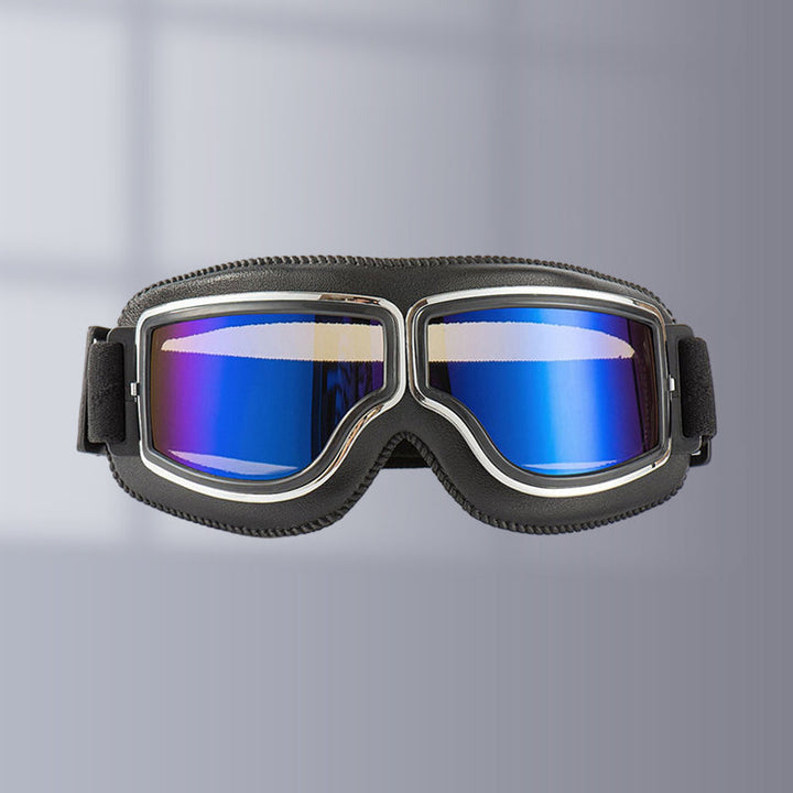 Retro riding goggles, chrome frame & smoke lenses, essential eye protection for motorcyclists.