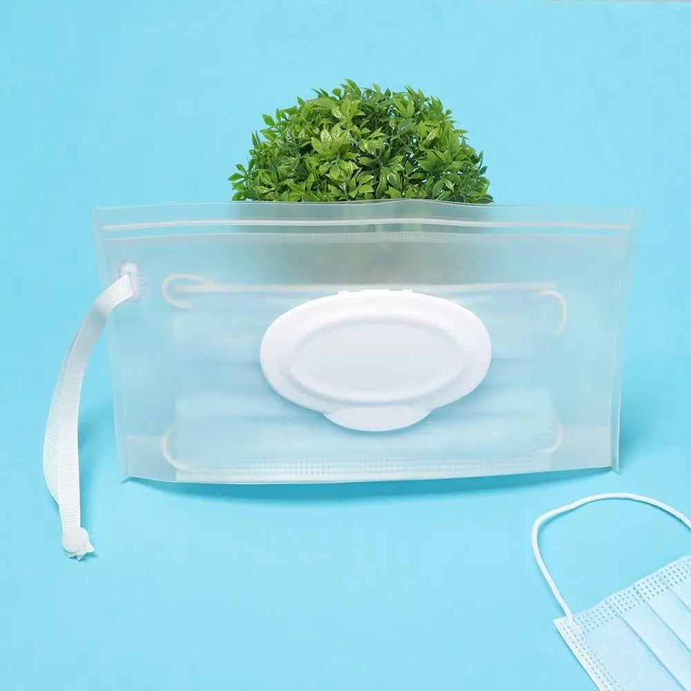 Eco-friendly wet wipes dispenser with secure snap strap, a travel accessory for parents