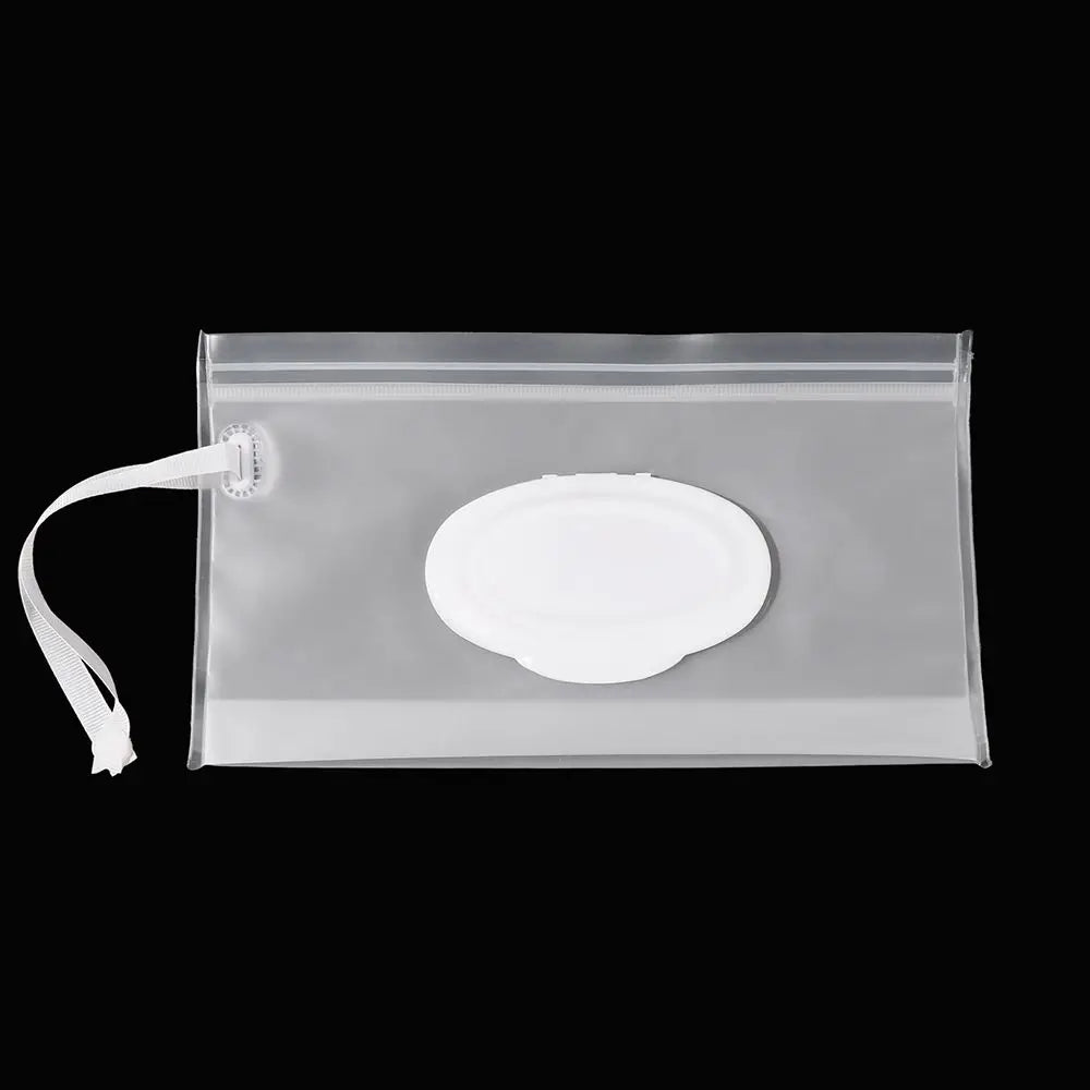 Unisex clear wet wipes pouch with snap strap, ensuring easy access to wipes anytime