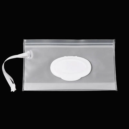 Unisex clear wet wipes pouch with snap strap, ensuring easy access to wipes anytime