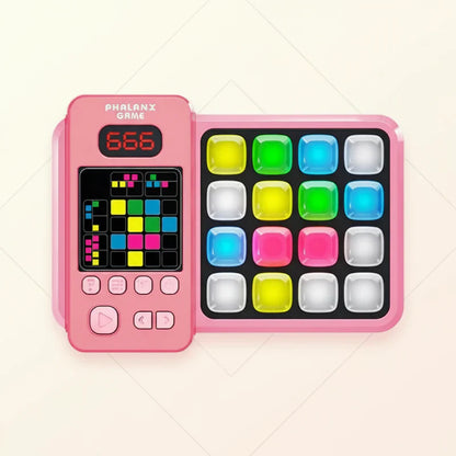 Detailed view of buttons and screen on a stress-relief musical game console, brain trainer.