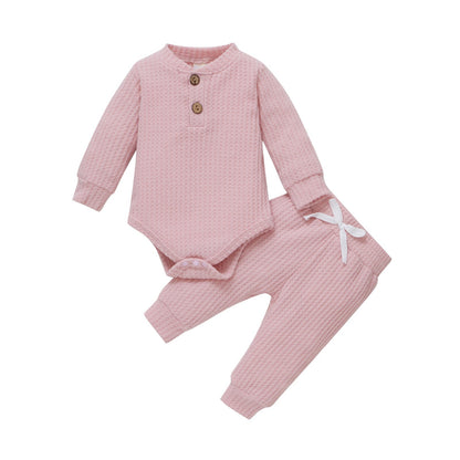Cozy babywear: two-piece ribbed cotton long sleeve romper and pant set