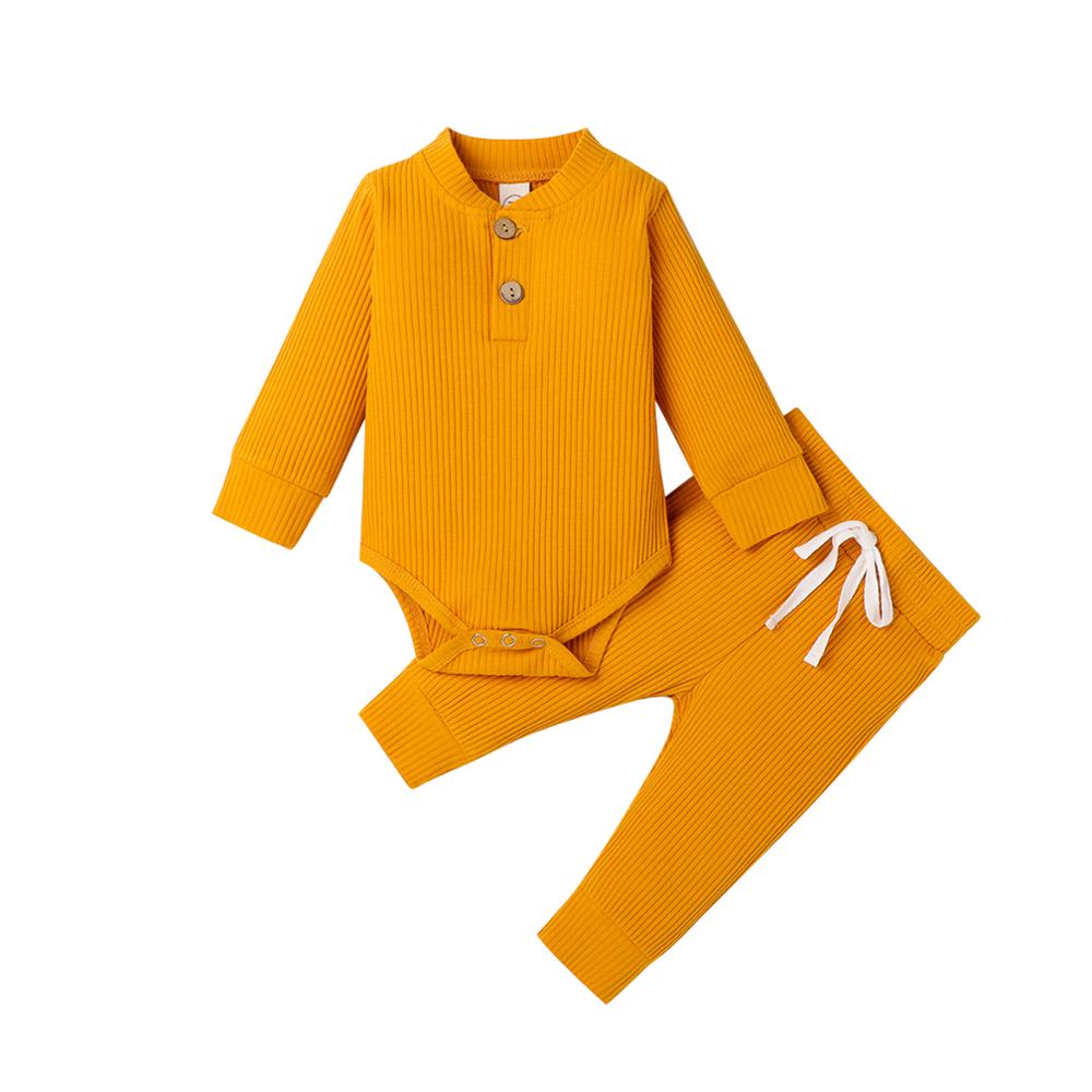 High-quality rib knit cotton set featuring a long sleeve romper and comfortable pants