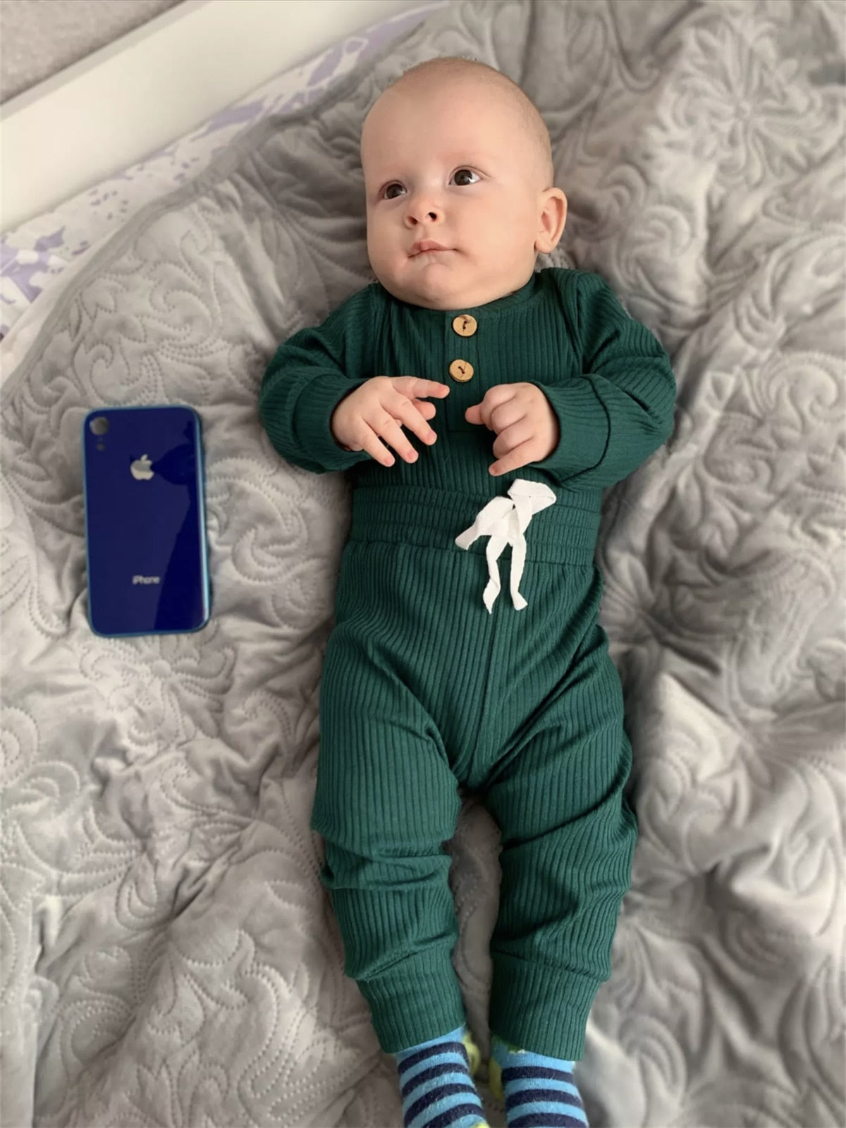 Soft baby clothes: unisex rib knit cotton romper with snaps and pull-on pants