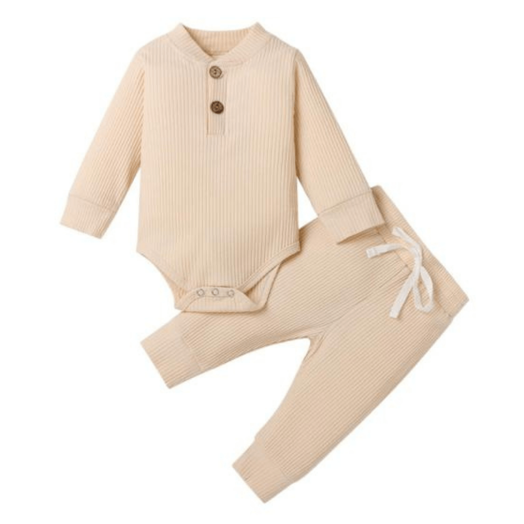 Newborn outfit: solid color long sleeve ribbed romper and pant set, 100% cotton