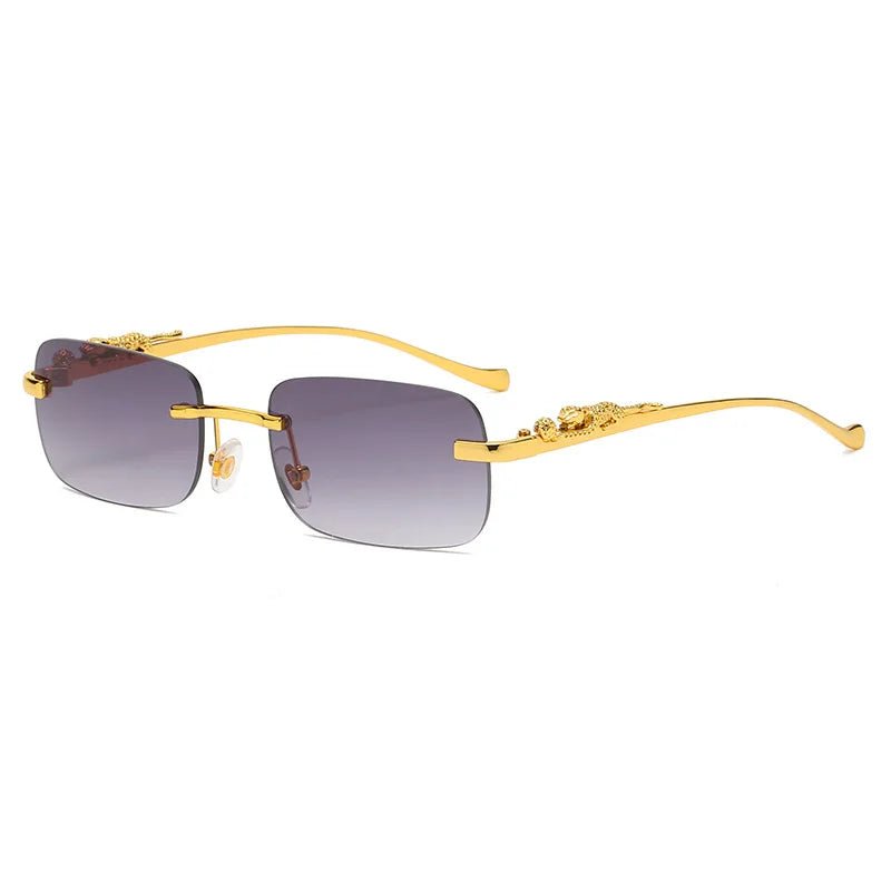 Unisex rimless sunglasses with leopard head accent & UV400 protection. Stylish fashion eyewear.