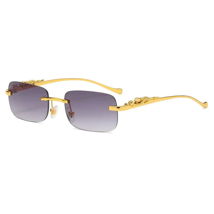 Unisex rimless sunglasses with leopard head accent & UV400 protection. Stylish fashion eyewear.