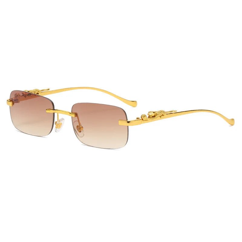 Leopard head accent rimless sunglasses, unisex, with UV400 protection for all-day wear.