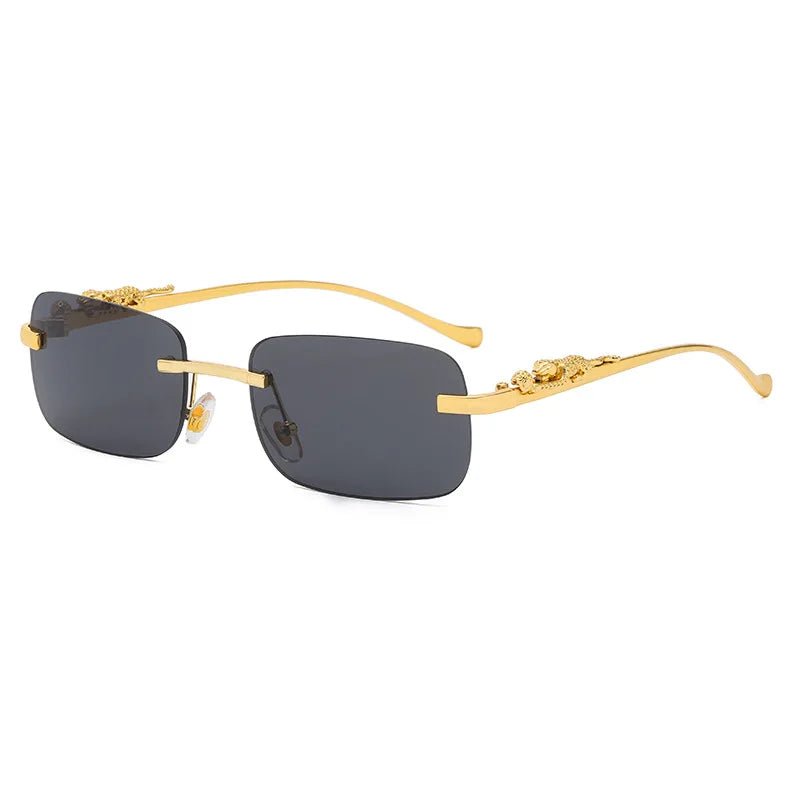 Modern rimless sunglasses, stylish leopard head detail, gradient lenses, UV400 protected.