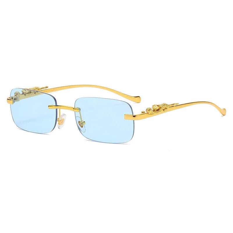 Unisex rimless eyewear, bold leopard head design, 100% UV400 sun protection.