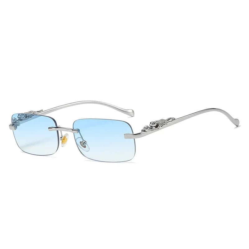 Fashionable rimless sunglasses with leopard head, UV400 protection, ideal for outdoor style.