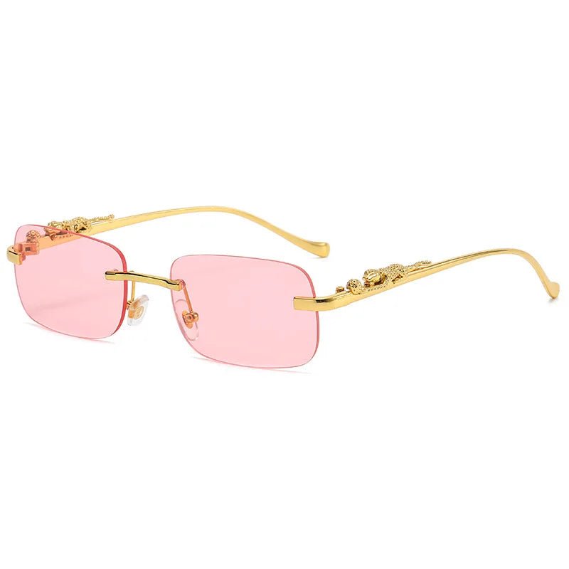 Stylish unisex rimless sunglasses, leopard head accents, UV400 & anti-reflective lenses.