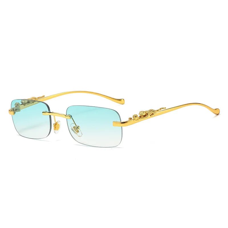 Gradient lens rimless sunglasses, unique leopard head fashion, offering UV400 protection.