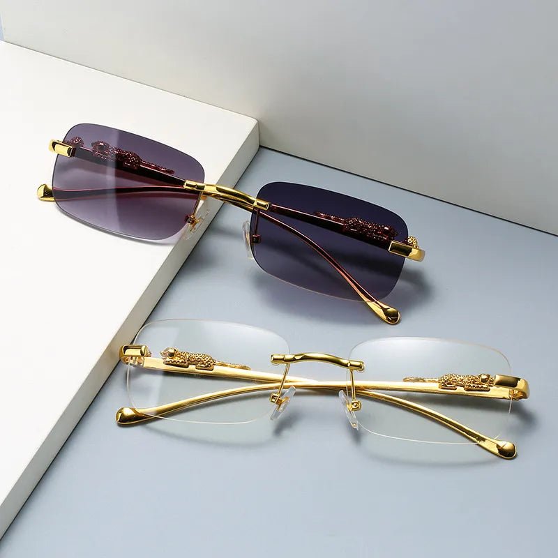 Leopard head rimless sunglasses for men & women, offering full UV400 sun protection.
