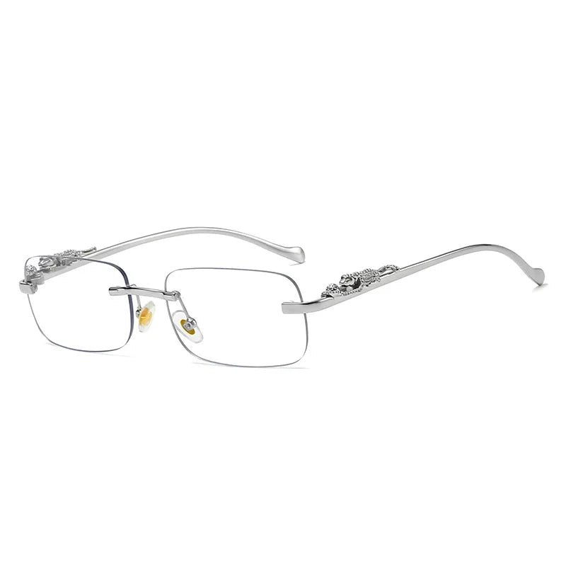 Unisex rimless leopard head sunglasses, UV400 protection, perfect for stylish outdoor looks.