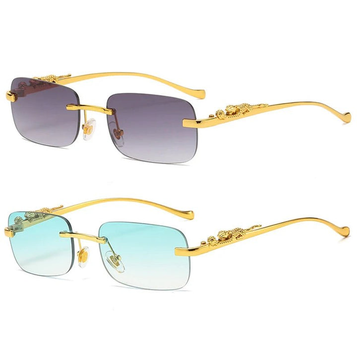 UV400 protected rimless sunglasses, unisex design featuring unique leopard head detailing.