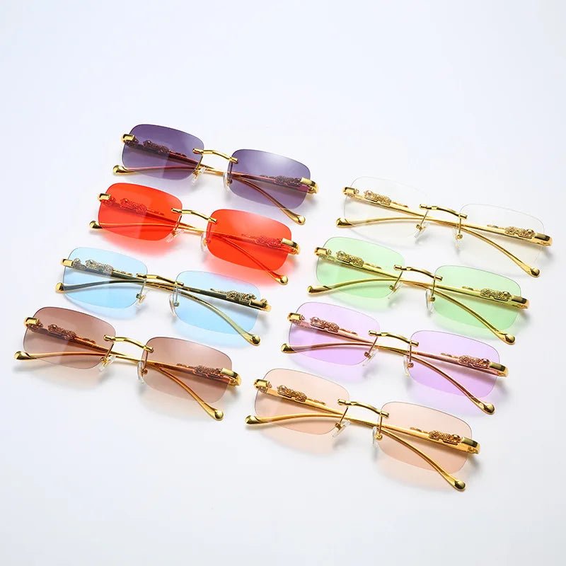 Outdoor ready: Rimless leopard head sunglasses with UV400 protection & gradient lenses.
