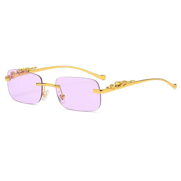 Gradient lens rimless sunglasses, unique leopard head detail. UV400 protected for outdoor.