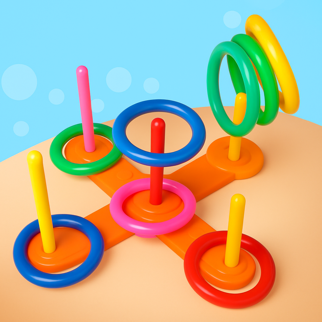 Unisex ring toss outdoor game set, wooden pegs and colorful rings for family fun activity.