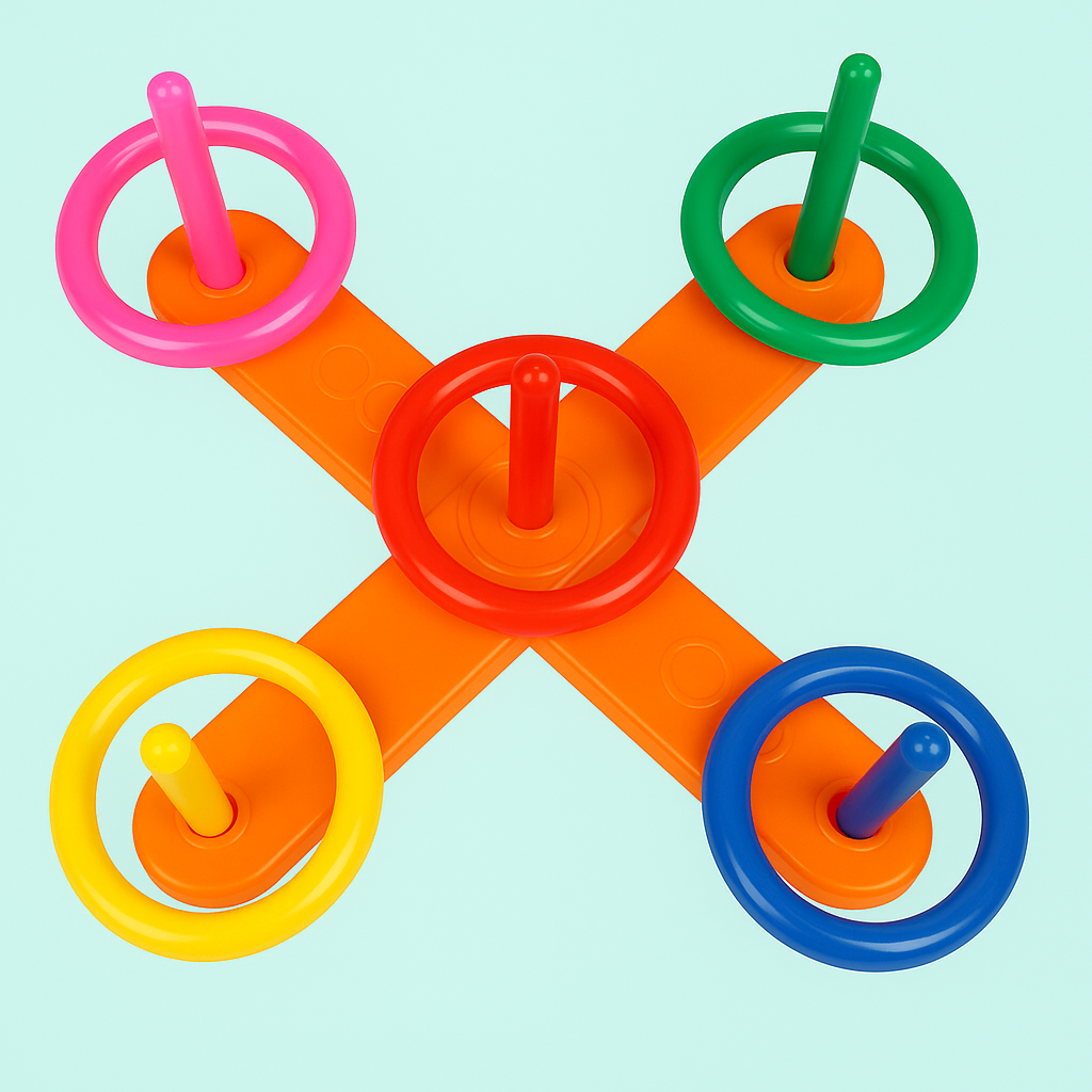 Kids playing with a ring toss outdoor game set, throwing rings at wooden targets.