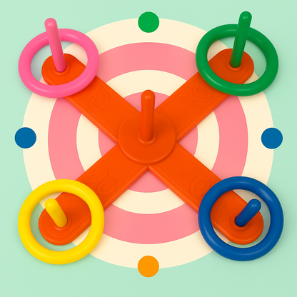 Ring toss garden game set with five multi-colored rings and durable wooden base & pegs.