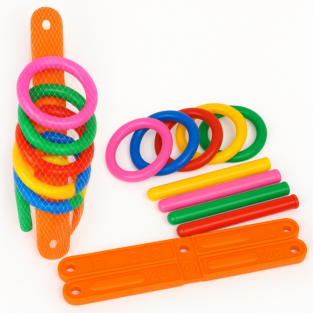 Complete ring toss outdoor game set, ideal for family fun and developing motor skills.